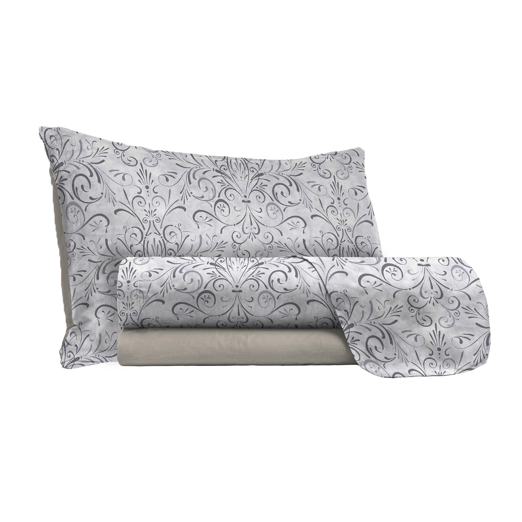 Set lenzuola Matrimoniale stampa sopra Sotto e Federe Ornato Grigio