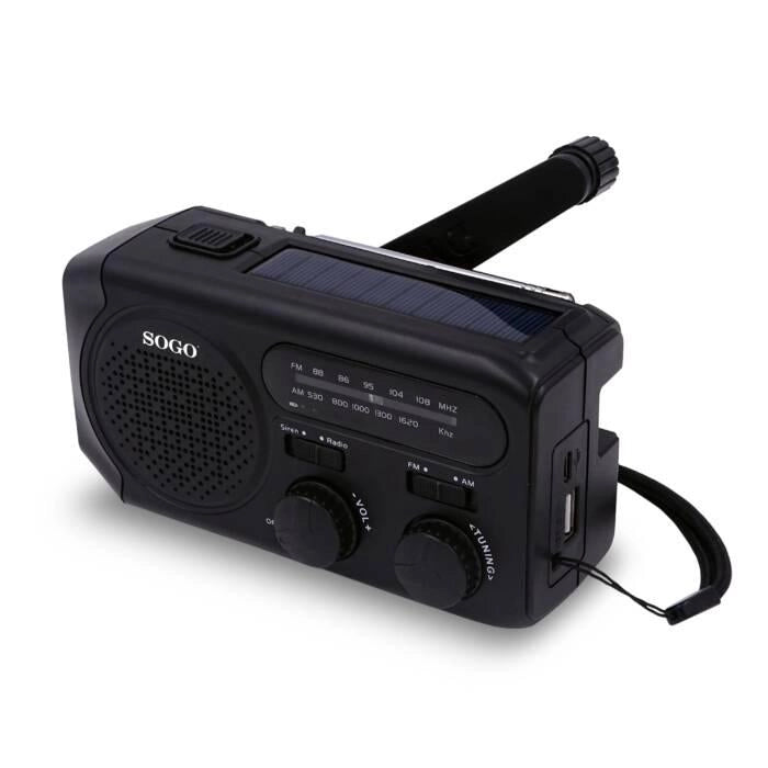 Radio portatile AM/FM con ricarica solare e dinamo, batteria 2000mAh, torcia LED di emergenza, caricabatterie USB - SOGO