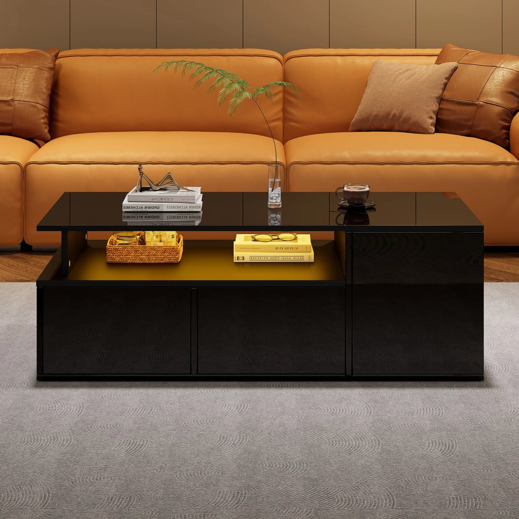 OKWISH Tavolino da Salotto con 2 Cassetti, 1 Vano Aperto e 3 Scomparti, LED, per Soggiorno, Pannello di Truciolato, 100 x 50 x 35 cm