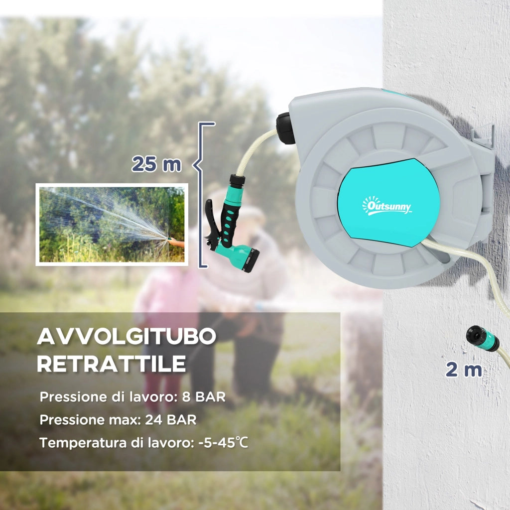 Avvolgitubo Automatico a Parete e Portatile Lunghezza 25+2 m con Sistema di Blocco e 7 Getti Grigio
