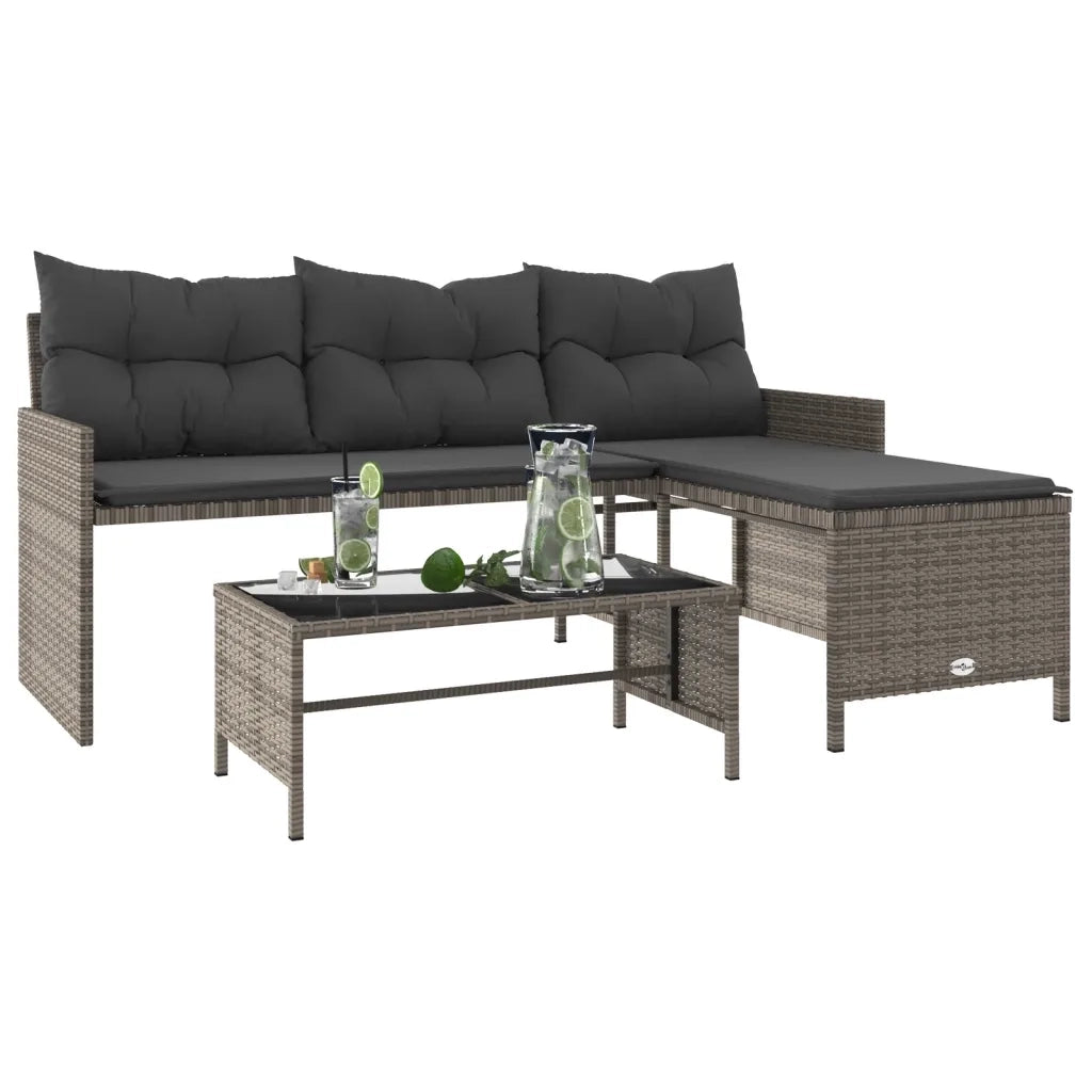 Divano da Giardino con Tavolo e Cuscini a L Grigio Polyrattan 365574