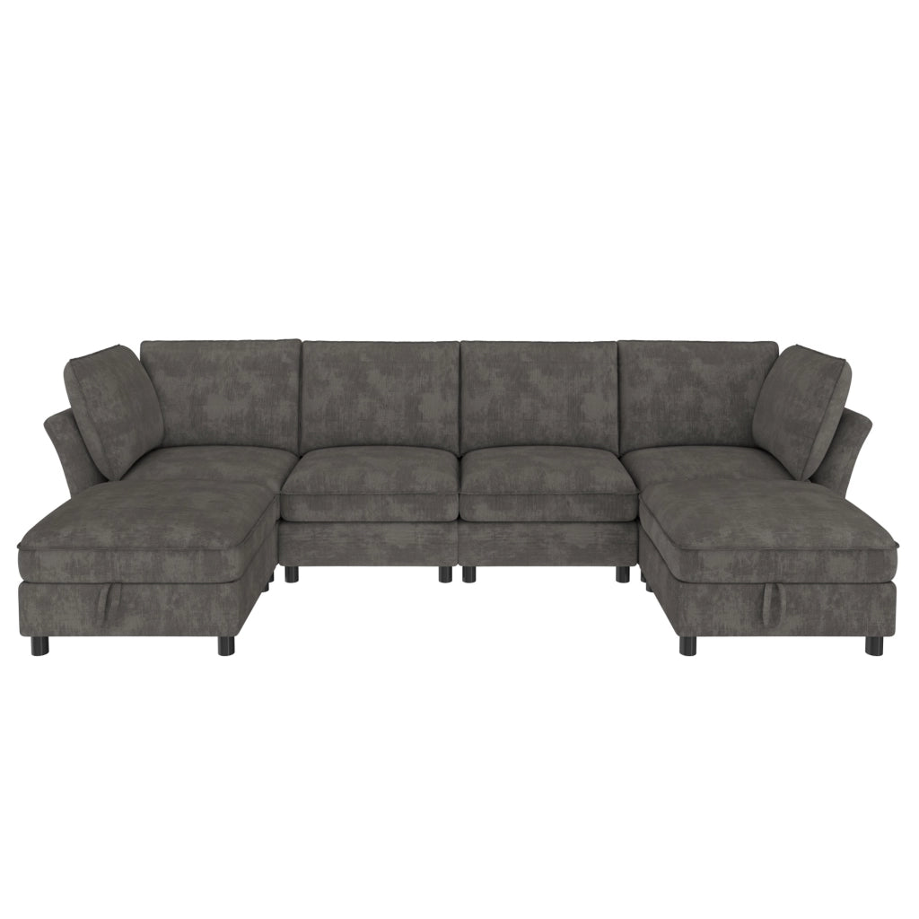 Divano modulare a U con 2 pouf contenitore, 6-7 posti, rivestimento in chenille, colore grigio