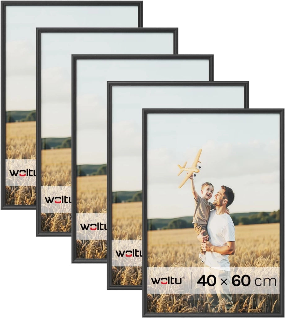 Set di 5 Cornici Foto 40x60 cm con Passepartout, Portafoto da Parete e Tavolo, Verticale o Orizzontale, in Legno Massiccio, Nero
