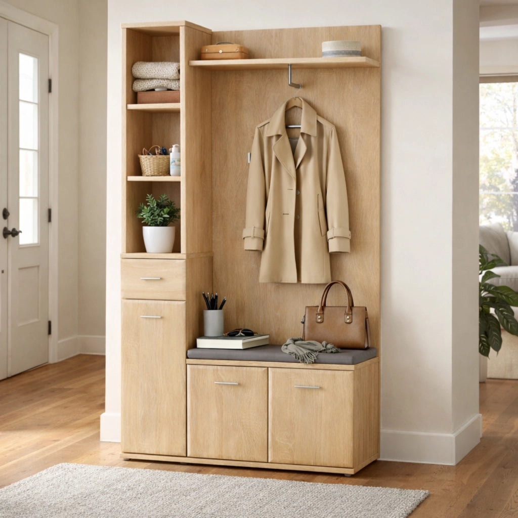 Set Ingresso E Panca Portascarpe Appendiabiti Mobile Entrata Vani Ripiani Contenitore Multifunzione Salvaspazio Per Corridoio Casa Design Moderno 90 x 32 x 203 Cm Rovere