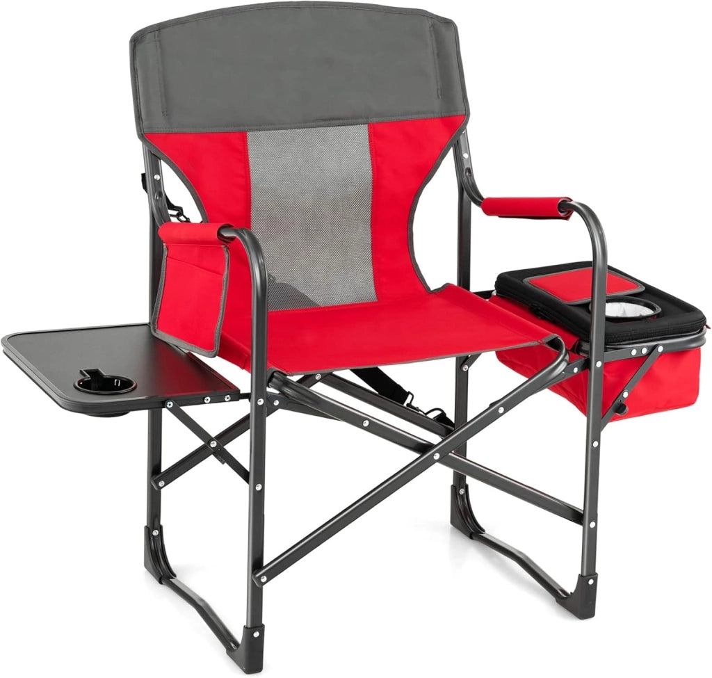 Sedia Pieghevole Da Campeggo, Sedia Campeggio Pieghevole da Esterno Giardino con Tavolo Laterale, Sedia Mare Spiaggia Pesca da Esterno Tasca Portaoggetti e Borsa Termica 53x98x113 cm