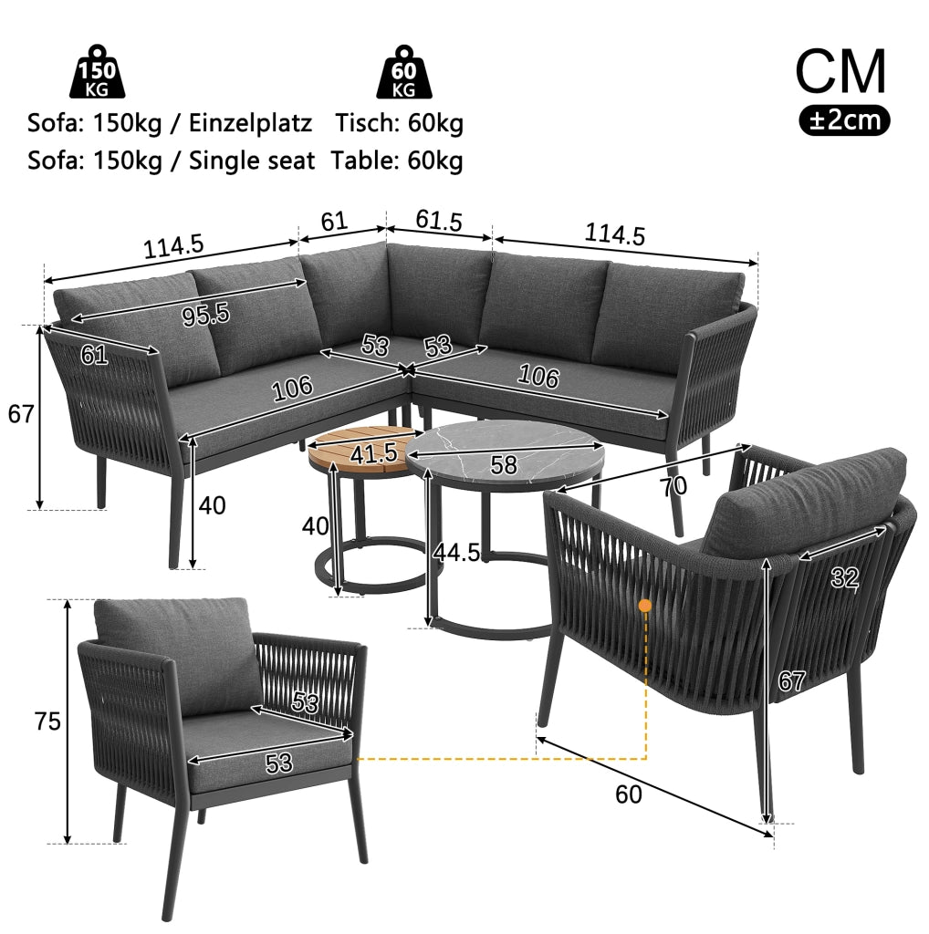 Set lounge da esterno modulare 6 pezzi con 2 tavolini; metallo e olefina; grigio