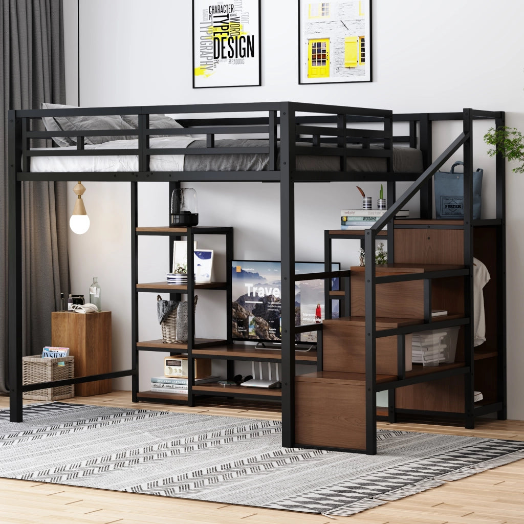 Letto a soppalco 140x200 cm con supporto TV; prese USB; scala di sicurezza e contenitore; metallo e legno nero