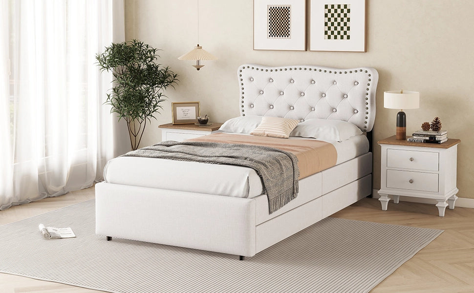 DESMIU Lit simple 90 × 200 cm con 2 cassetti, testiera regolabile, senza materasso, in MDF, beige chiaro