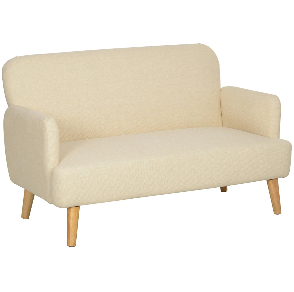 Divano compatto a due posti in velluto color crema con gambe in legno