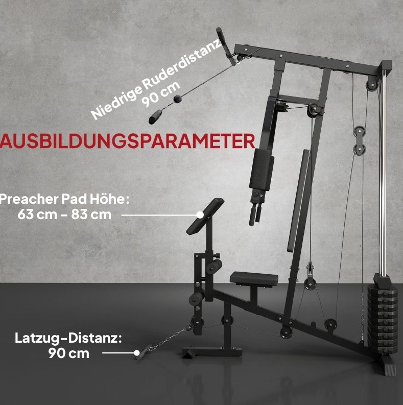 Stazione Fitness Multifunzionale 45kg con Lat Pulldown, Pressa Petto, Butterfly, Leg Trainer e 9 Blocchi Pesi