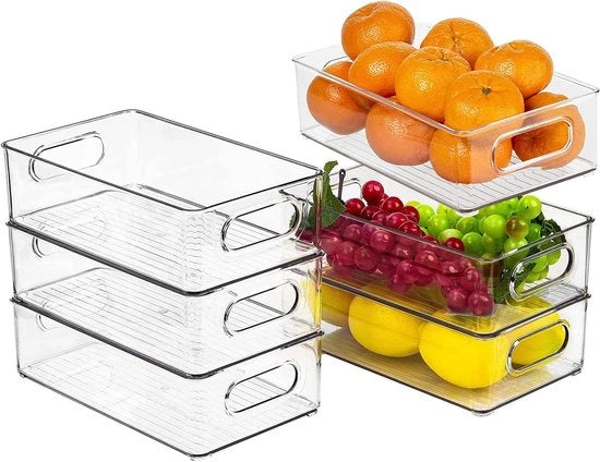 Organizzatore per frigorifero, set da 6 pezzi, contenitori di conservazione di alta qualità con maniglia, trasparenti, ripiegabili, cassetti da organizzare, ideale per cucina, frigorifero, armadi
