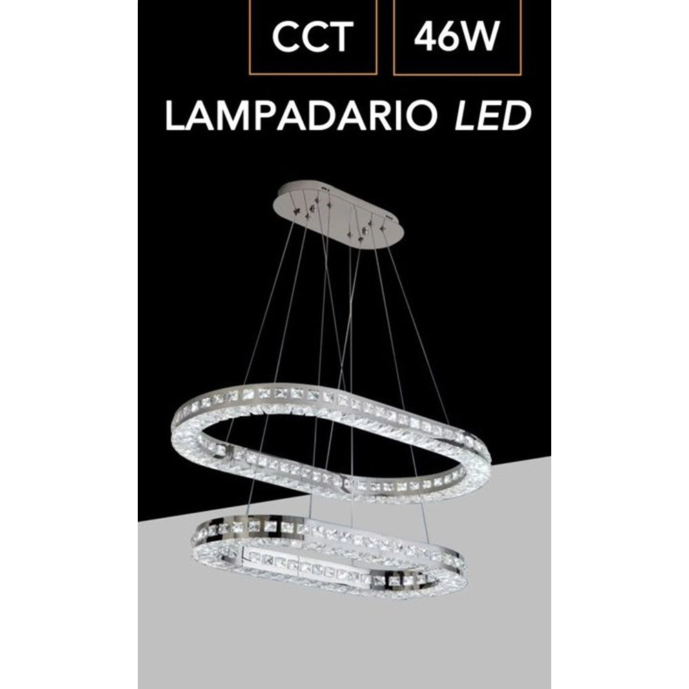 Trade Shop - Lampadario A Led 46 Watt A Sospensione Da Soffitto Cct Con 2 Anelli Cristalli B49-3c -