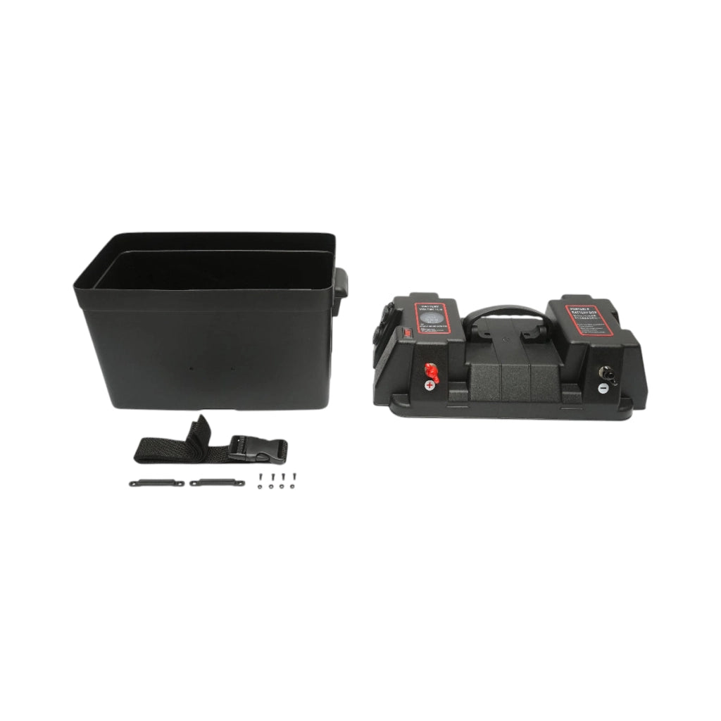 Scatola batteria auto 12 V con voltmetro DC 6–36 V, interruttore circuito 16 A, 2 prese accendisigari, display LCD, 2×USB, 340×195×200 mm.