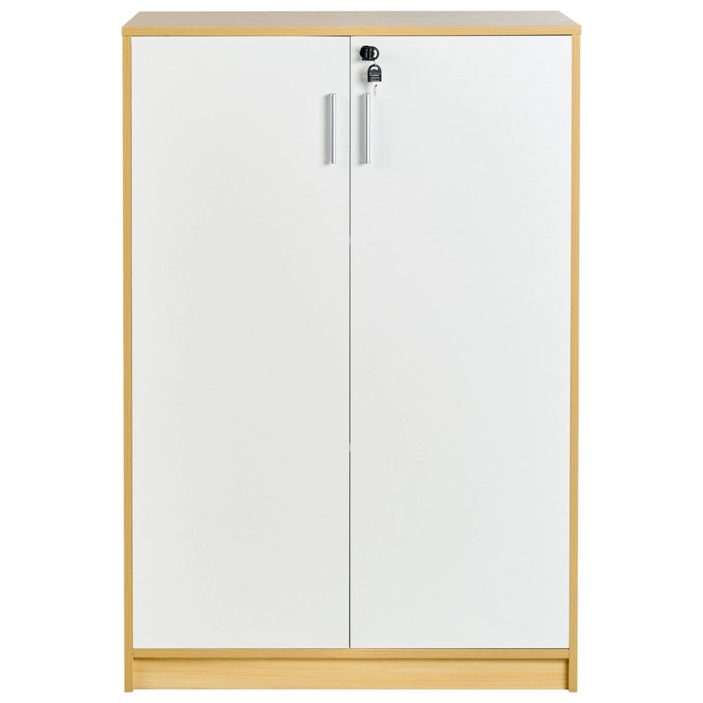 Armadietto contenitore Armadietto in particelle di legno bianco marrone chiaro con 3 ripiani e 2 porte per l'ufficio moderno.
