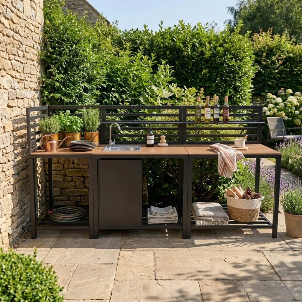 Cucina da Esterno 3 Pezzi con Lavello Modulare Angolare Alluminio Legno