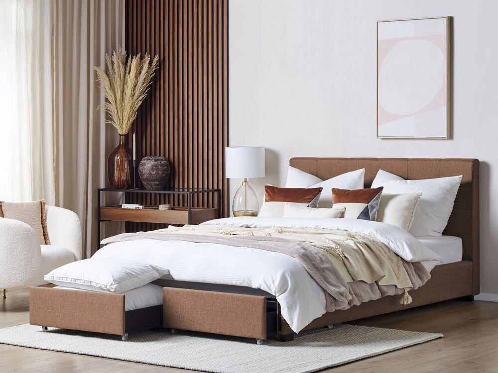 Letto contenitore matrimoniale imbottito marrone con rete a doghe e cassetti 180 x 200 cm