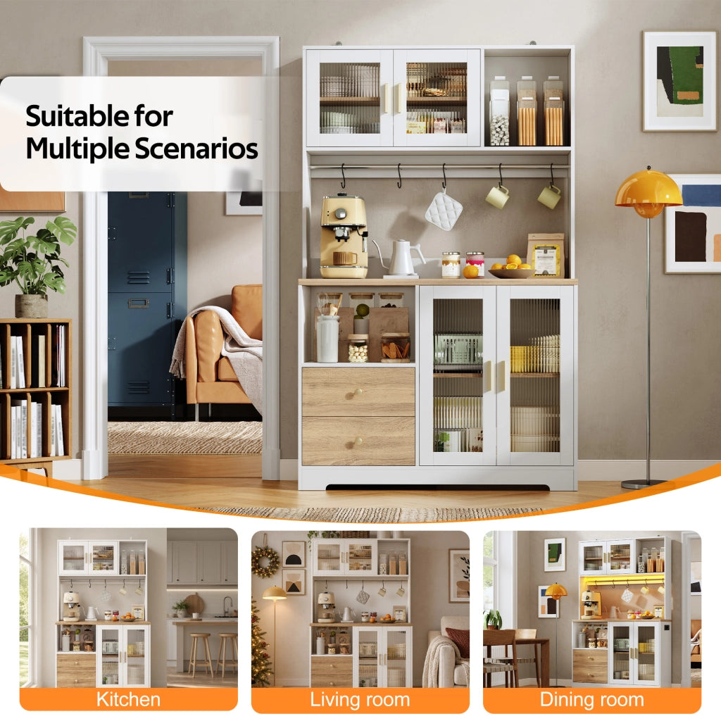 Credenza alta da cucina con LED, 4 ante in vetro temperato, prese e ripiani regolabili, per cucina, 110 × 40 × 178 cm