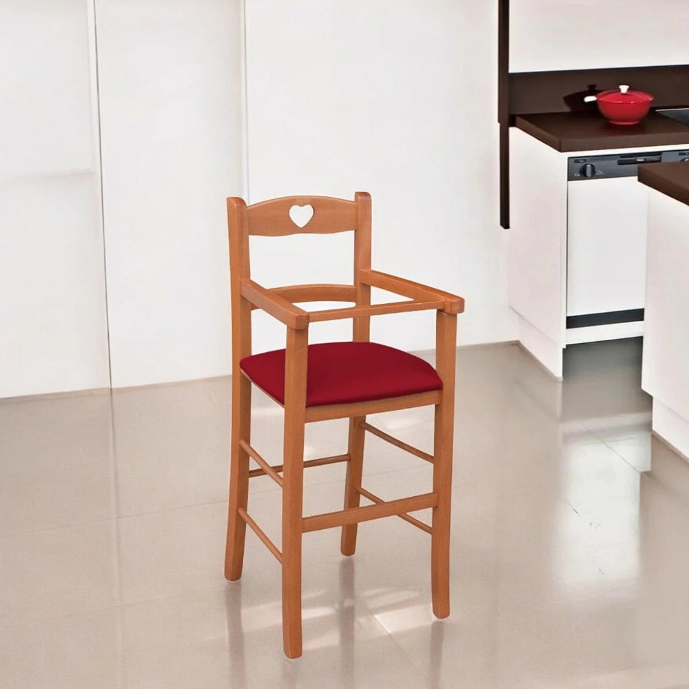 Seggiolone in legno color ciliegio con seduta imbottita in similpelle rosso