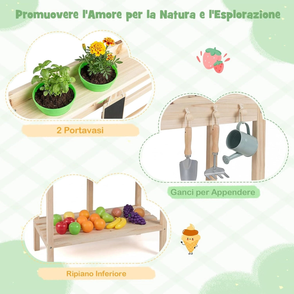 Set da Cucina Giocattolo per Bambini, Cucinetta in Legno con Fornelli, Lavello, Manopole Rotanti, Lavagna, Vasi di Fiori e Scaffali Portaoggetti, per Bambini 3+ Anni