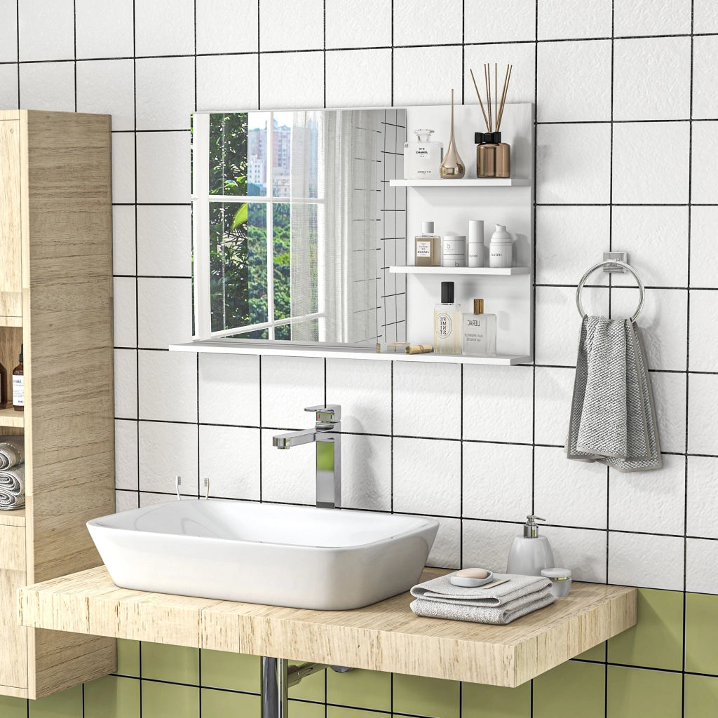 Specchio Bagno con Ripiani Laterali e Inferiore ¨C zephmum ¨C MDF Vetro Bianco 75x10x48 cm