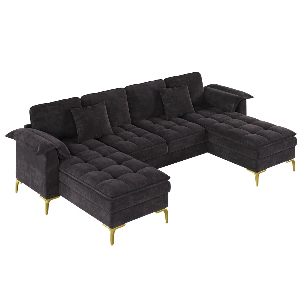 Divano angolare modulare a U 4-5 posti - con 2 chaise longue e cuscini - in chenille nero