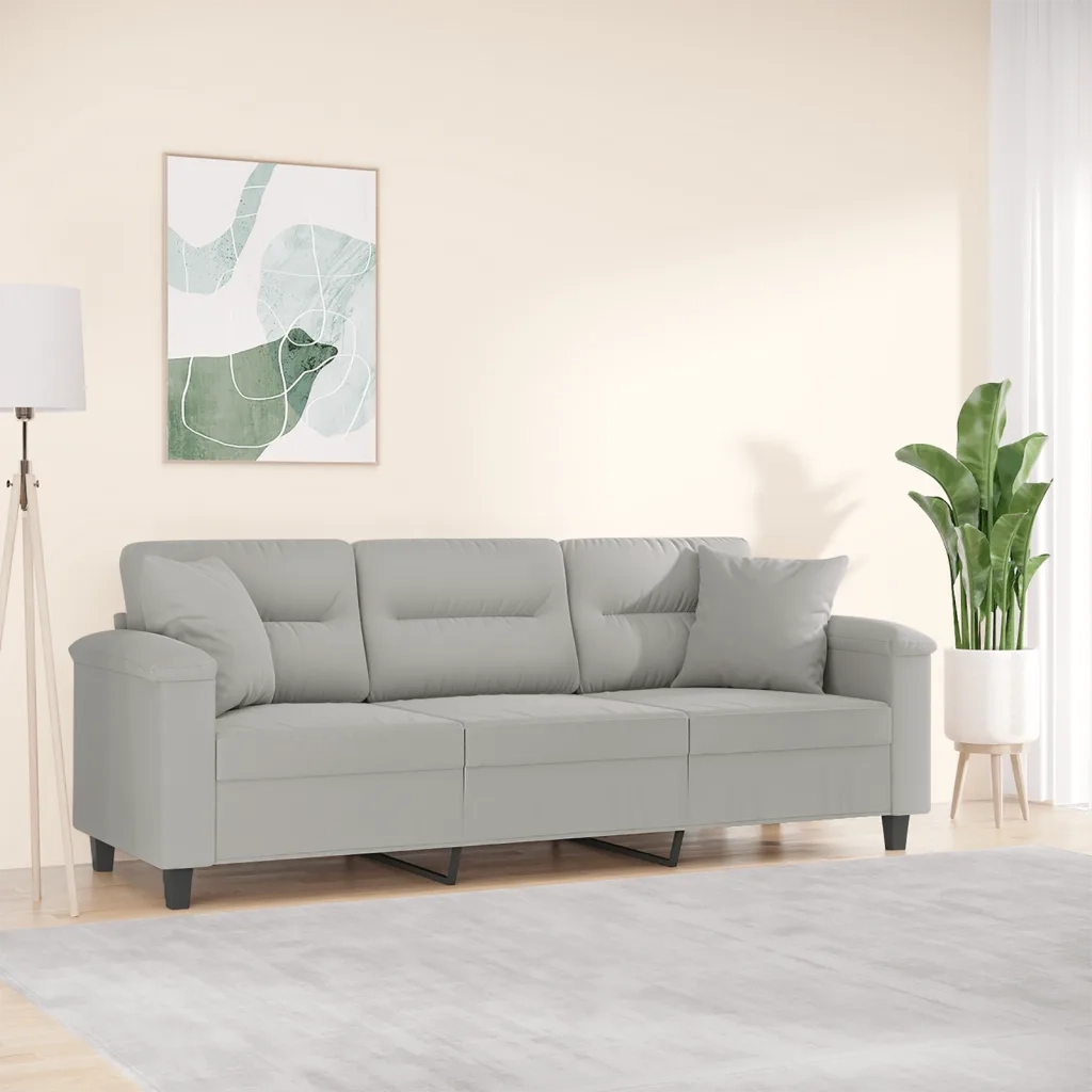 Divano a 3 Posti con Cuscini-Sofa 3 Posti con Cuscini Grigio Chiaro 180 cm Microfibra