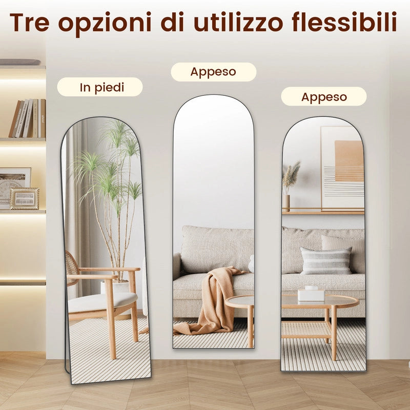 Specchio a figura intera 162 x 52 cm, specchio ad arco , specchio da terra con supporto, specchio ad arco nero a figura intera