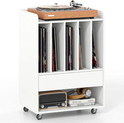 Mobile Porta Vinili con 4 Ruote Universali, Porta Dischi Vinile con Cassetto, Scomparto Aperto e Gancio Rimovibile, Mobile Giradischi Salvaspazio per Studio, Ufficio e Soggiorno (Bianco)