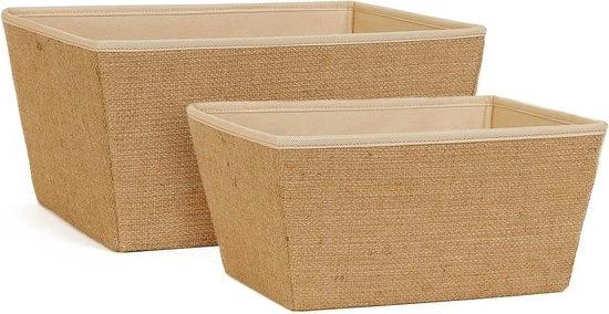 Set di 2 scatole di stoccaggio in juta naturale, contenitori pieghevoli con piatti di legno