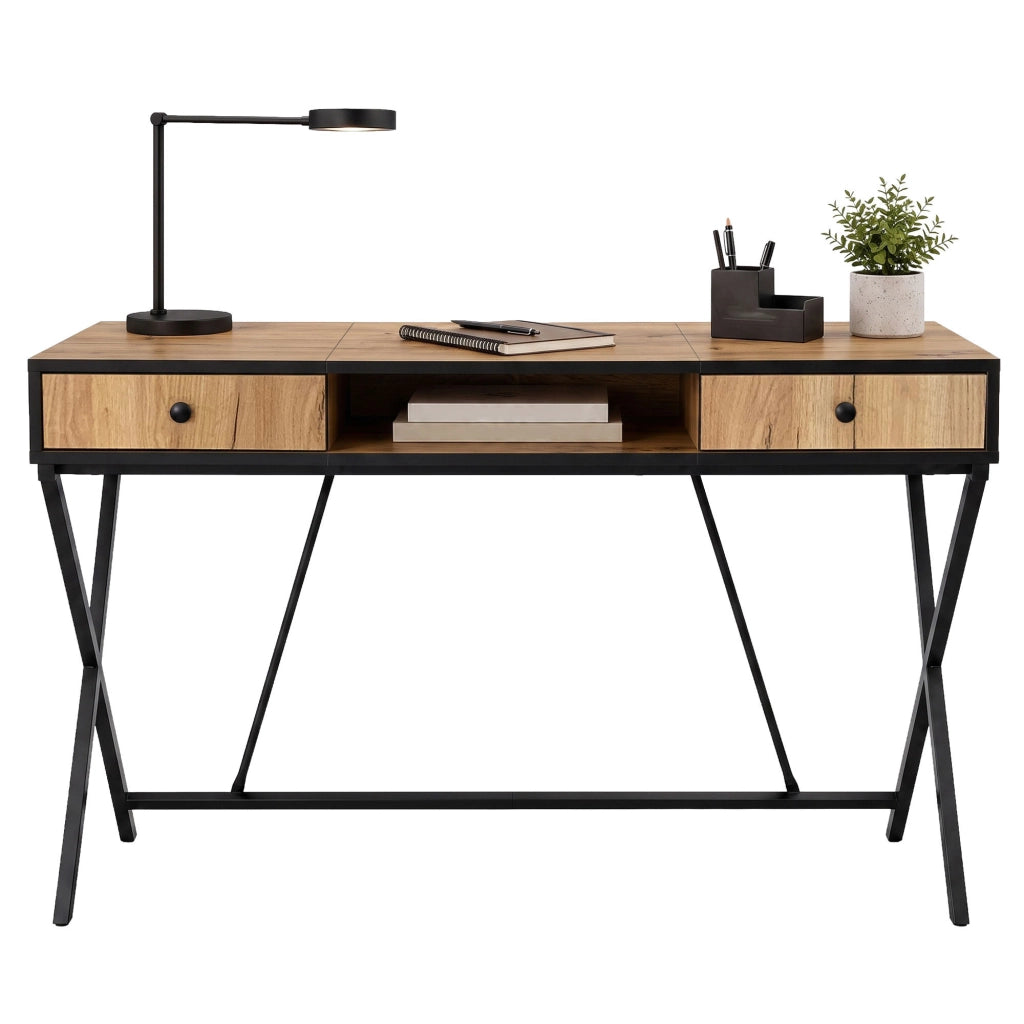 Scrivania PC industriale Rovere Craft CROSSLINE 120 cm 2 cassetti 1 ripiano gambe nere