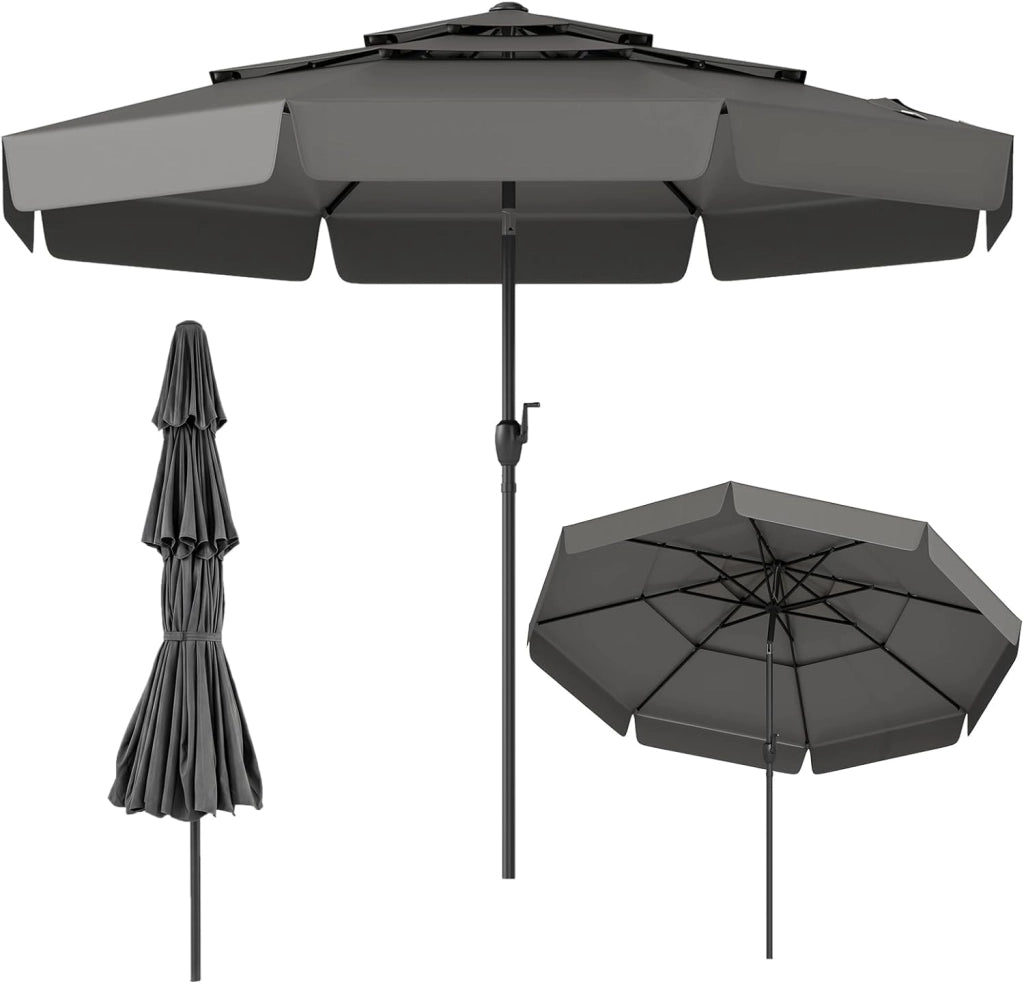 Ombrellone da Giardino 300 cm, con Regolazione Inclinazione, Manovella e 8 Stecche, Anti-UV, Tettuccio Ventilato a 3 Livelli (Grigio, 0 Luce)