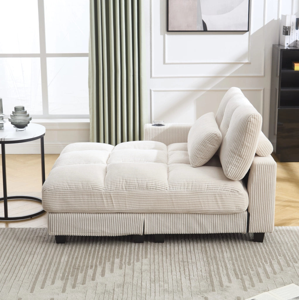 Poltrona relax 140x112x81 cm in tessuto beige con portabicchieri e tasca laterale