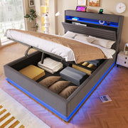 Letto imbottito con USB-C, LED e contenitore idraulico, 140x200 cm, lino grigio