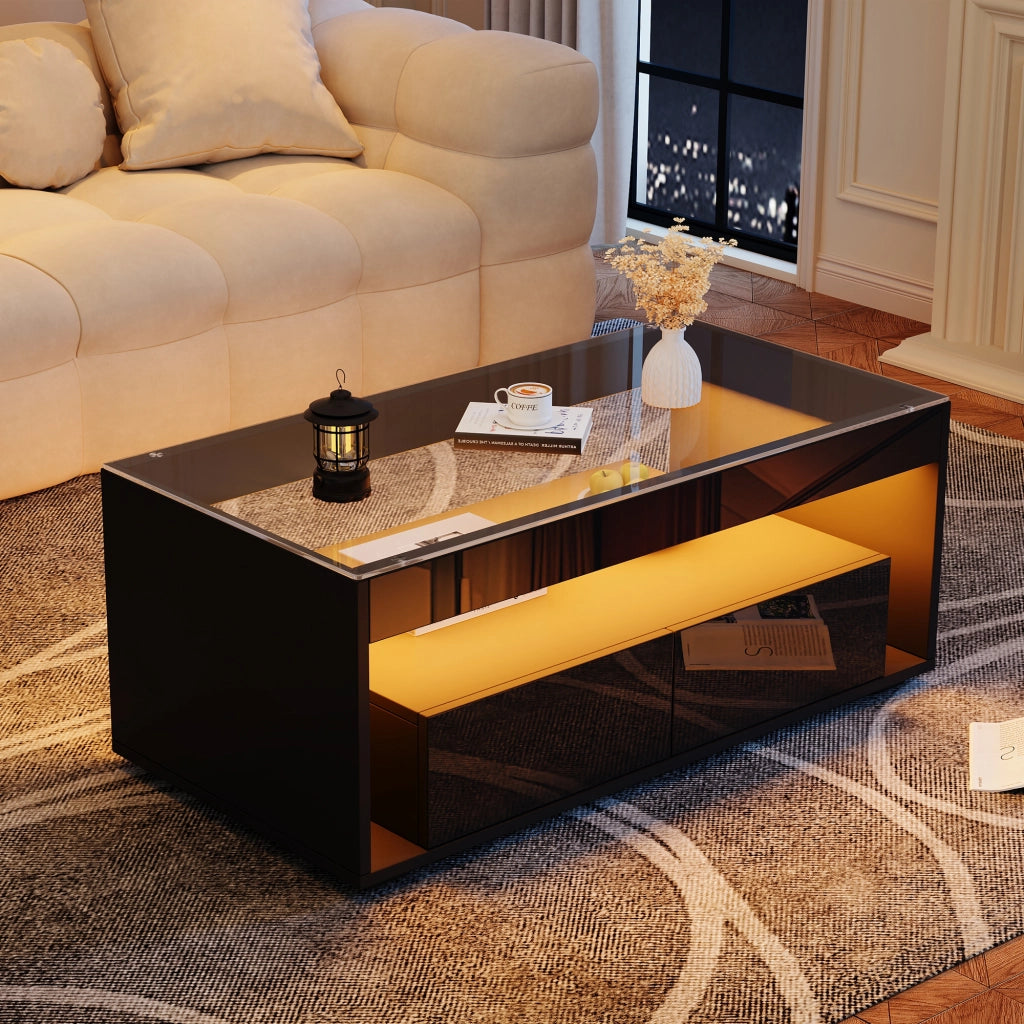 Tavolino basso con LED, 2 cassetti e vani aperti, piano in vetro temperato, in truciolare, nero, 100 × 50 × 40 cm