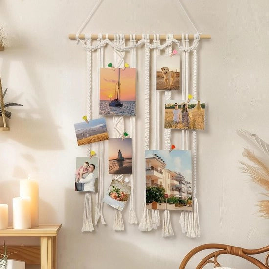 Fotolijst Collage Macramé Decorazione per Parete - Stile Boho - 30 Ferretti in Legno - Regalo per Compleanno, Matrimonio e Natale - 108x60cm.