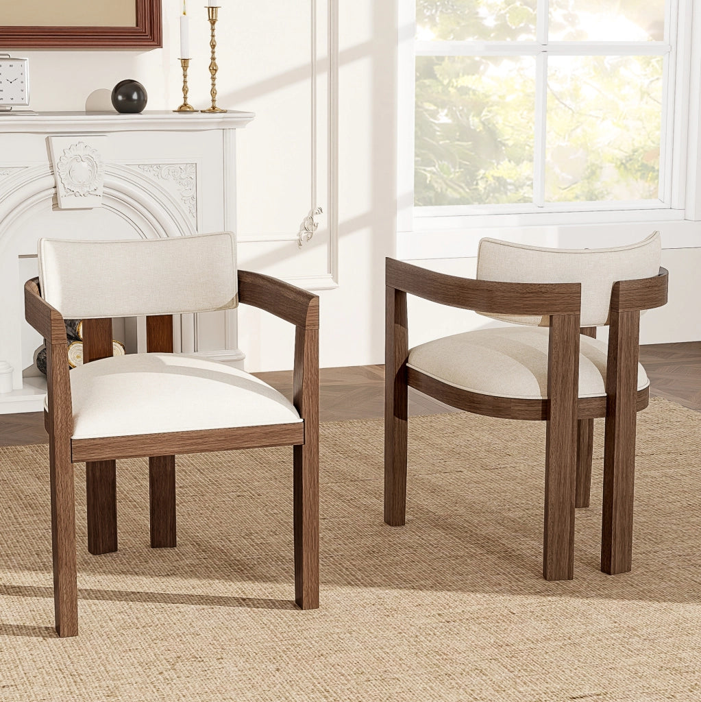 Set 2 sedie da pranzo con braccioli; struttura in legno massello e lino; noce