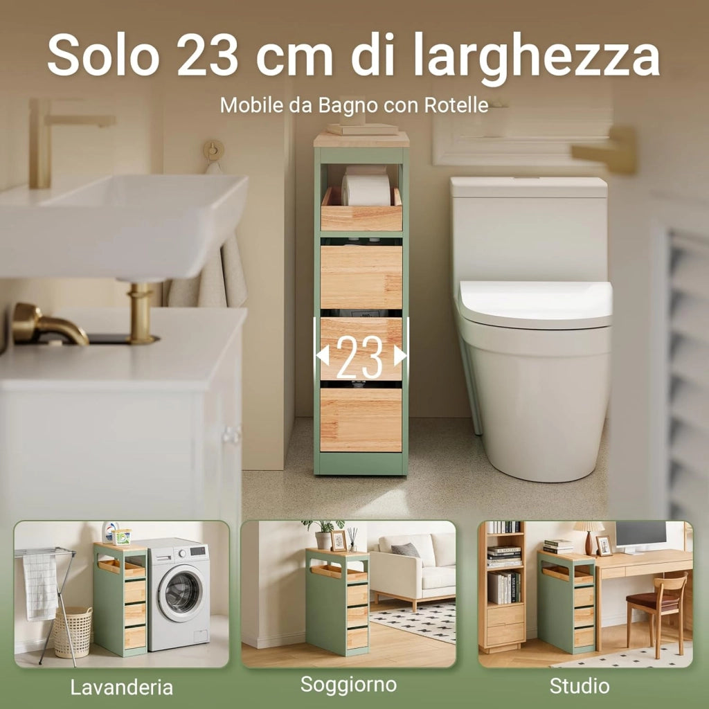 Mobiletto Bagno Salvaspazio con Ruote, Mobile Compatto con 3 Cassetti, per WC, Armadietto Bagno in Legno, Facile da Spostare, Verde, 65x24x82cm, BZR54-II-GR