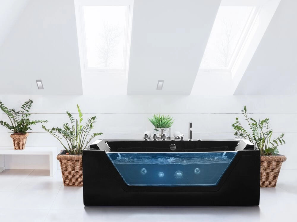 Massaggio Punti Bagno Nero Argento con LED Sanitario Acrilico e Vetro Singolo 160 x 76 cm