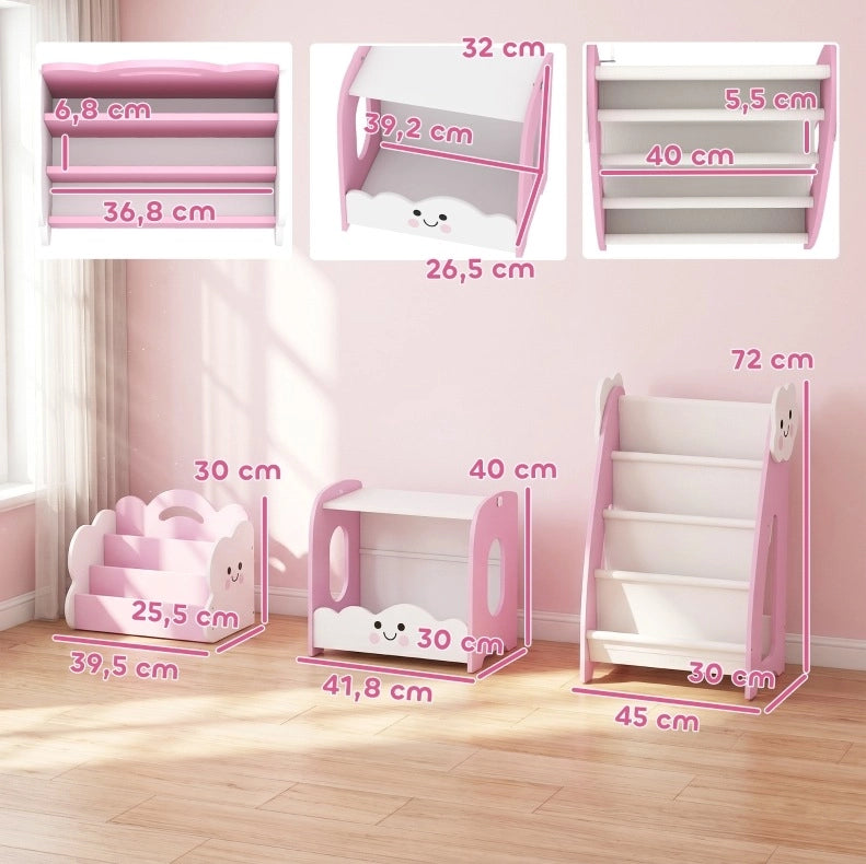 Libreria modulare per bambini 3 in 1 rosa in MDF