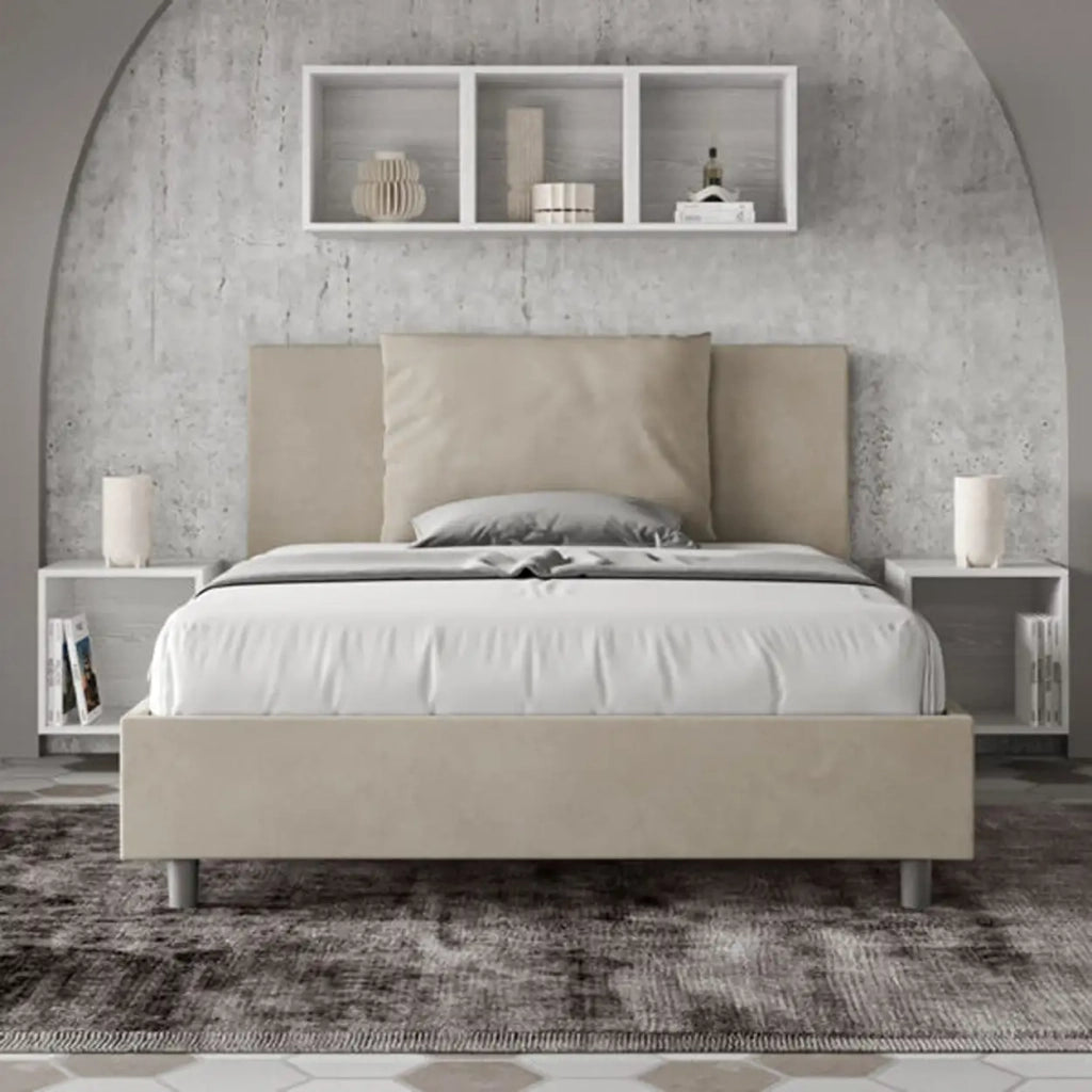 Letto matrimoniale francese senza rete imbottito 140x210 microfibra sabbia Antea