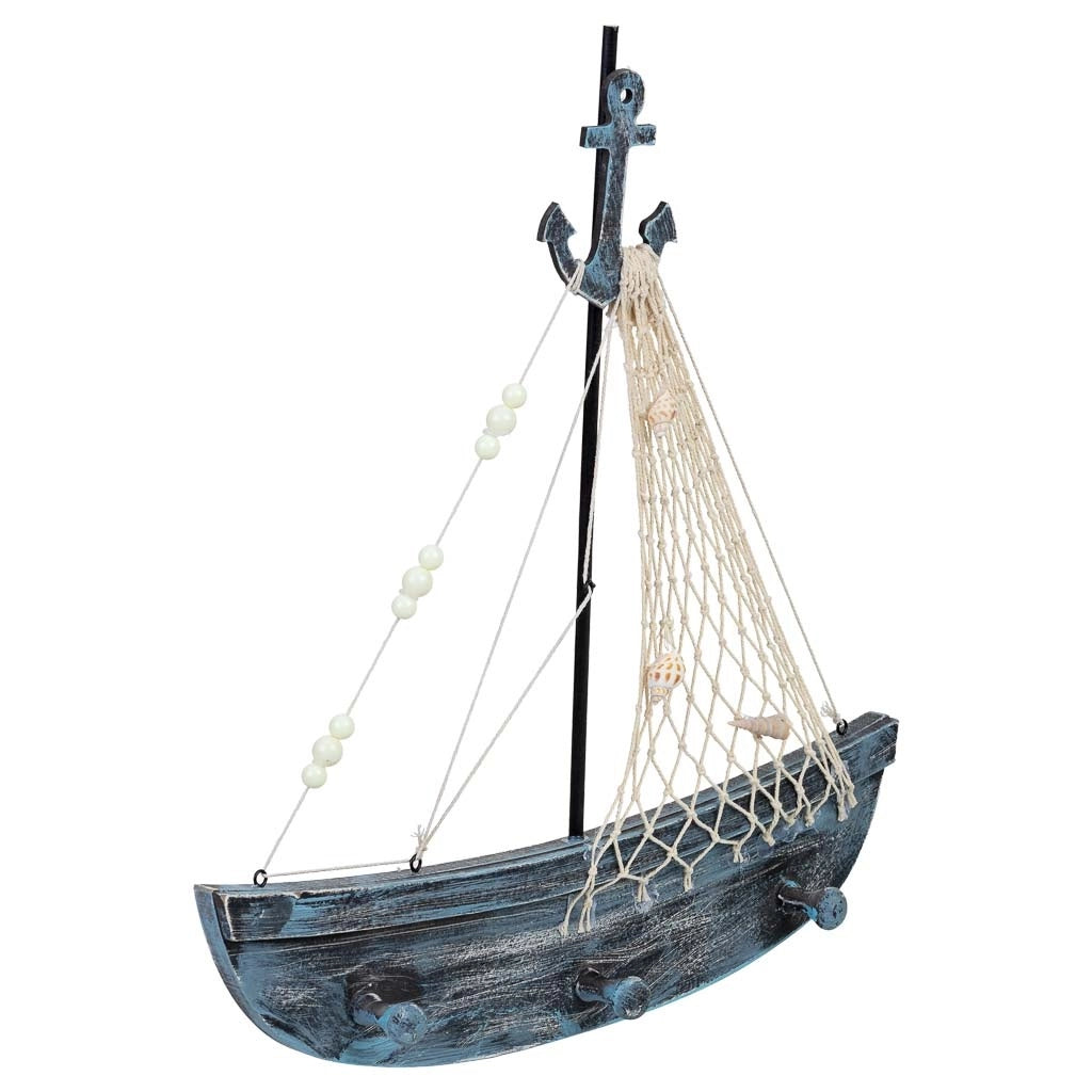 Appendiabiti in legno a forma di barca con 2 ganci, blu, 35x4,5x39h cm