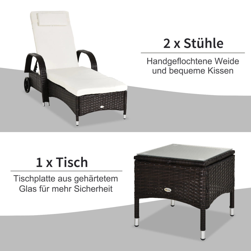 Set 3 Pezzi Lettini da Giardino ¨C Xylo ¨C 2 Lettini Polyrattan + Tavolino con Cuscini, Marrone e Beige