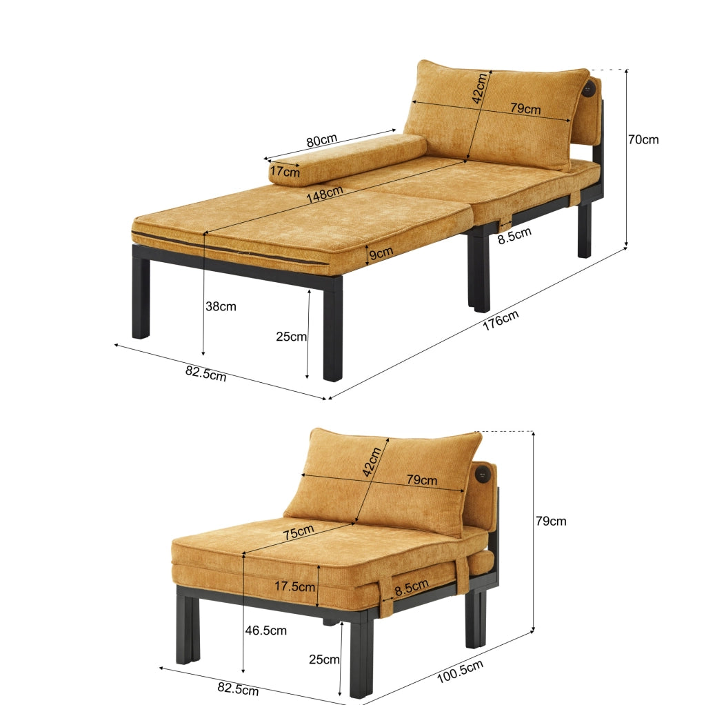 Poltrona letto pieghevole in velluto giallo con porta USB Type-C HOMVRA