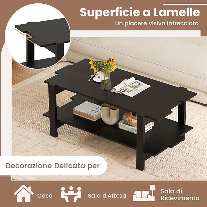 Tavolino da Caffè a 2 Ripiani, Tavolino Rettangolare da Salotto in Legno con Mensola di Stoccaggio, Ideale per Ufficio e Soggiorno, 115 x 59 x 46 cm (Nero)