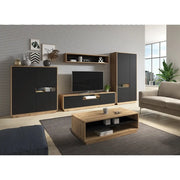 Set di 5 mobili per il soggiorno collezione VILLA. Colore quercia e nero opaco.