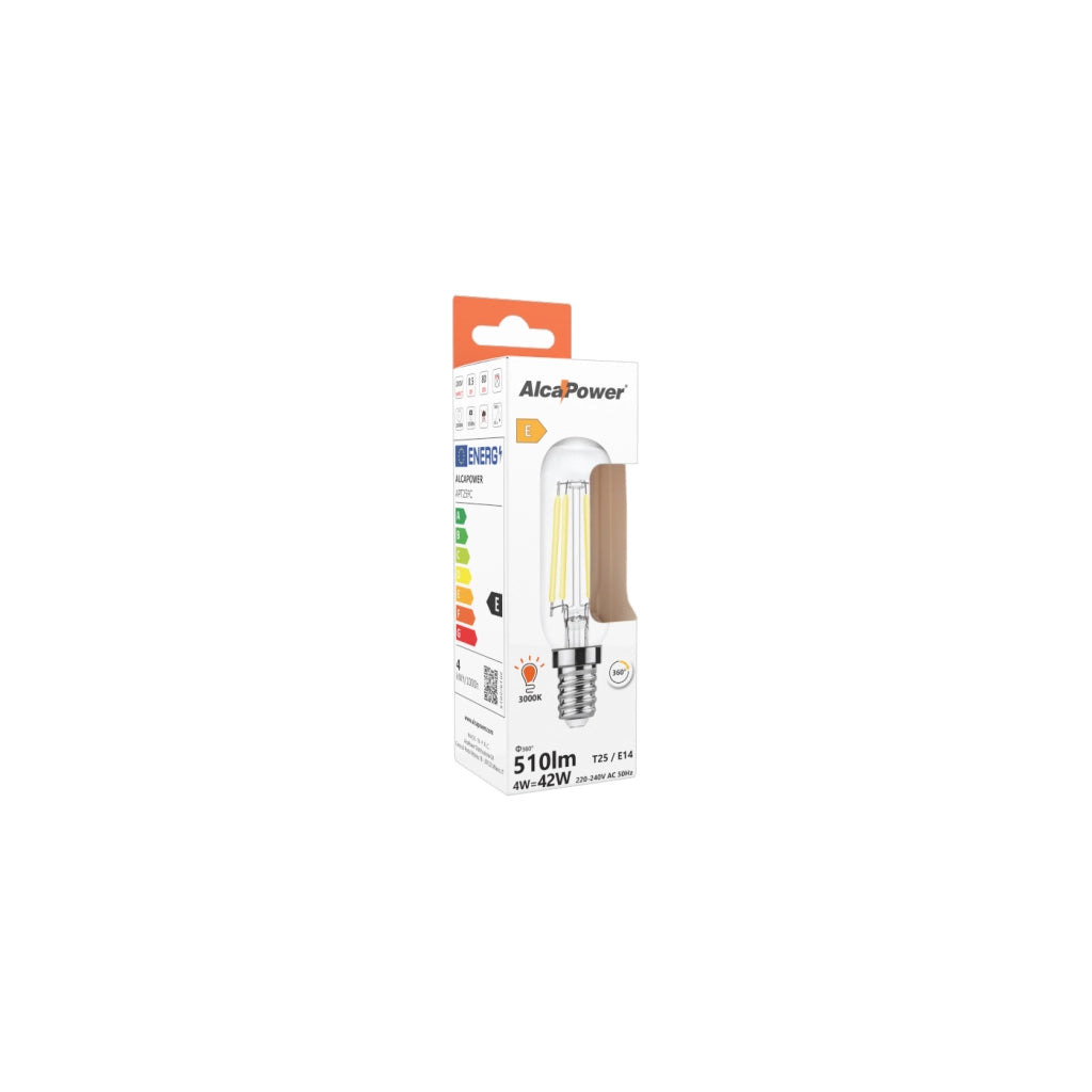 Alcapower Lampadina LED T25 Filamento Trasparente 4W E14 510lm 3000K Luce Calda 230V, Ideale per Frigoriferi e Cappe da Cucina, Classe Energetica E