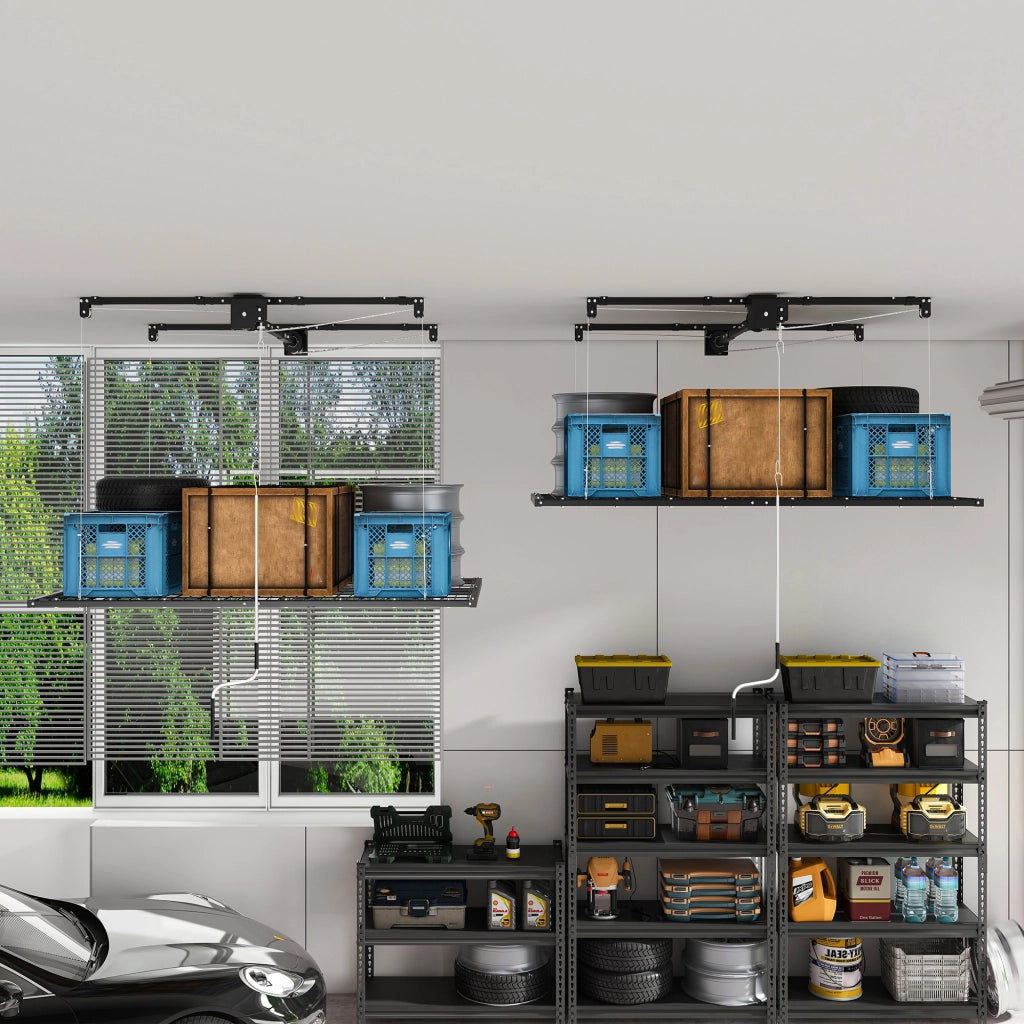 Scaffale da soffitto con sistema a manovella e bloccaggio manuale per garage in acciaio nero 120×240 cm