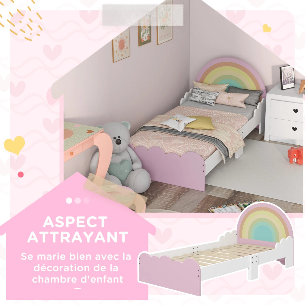 Letto per Bambini 3-6 anni con Testiera Arcobaleno e Rete a Doghe ¨C zephmum ¨C Rosa 143x74x66 cm