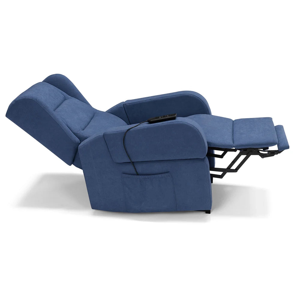 Poltrona relax elettrica Bilbao per anziani, 2 motori, 2 ruote, reclinazione e alzapersona, braccioli estrabili, doppia pediera, colore Blu