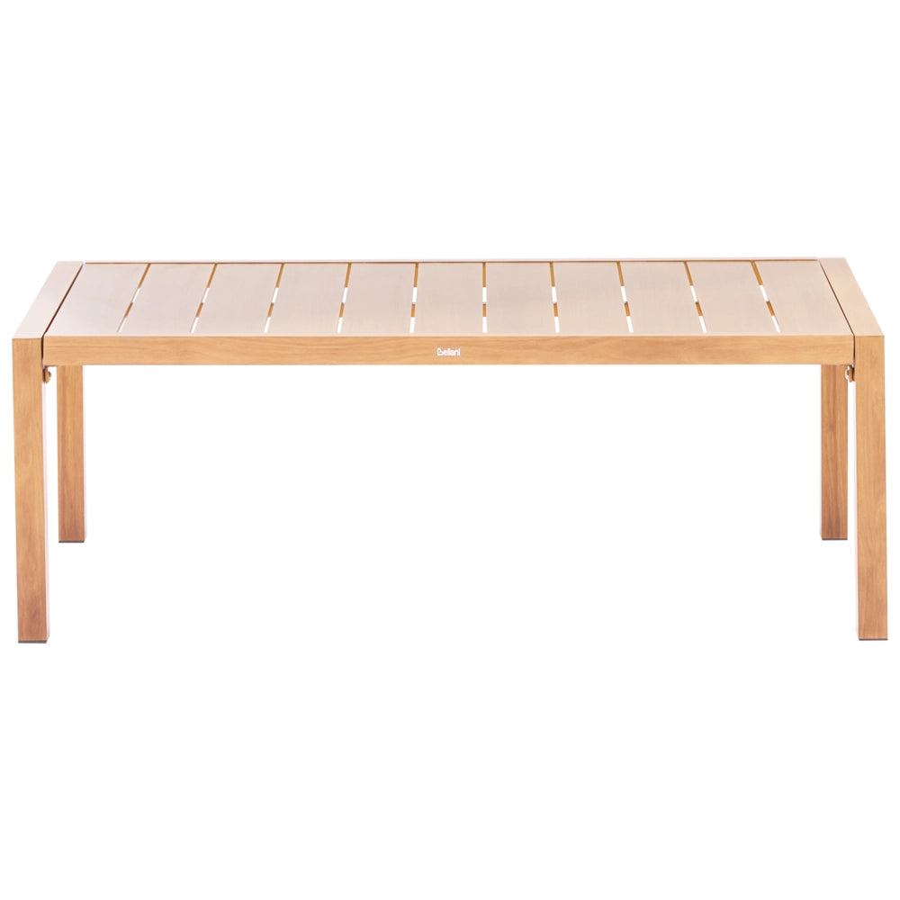Set da giardino a 5 posti con struttura in metallo rivestimento in finto legno con tavolo e cuscini in tessuto marrone chiaro stile moderno